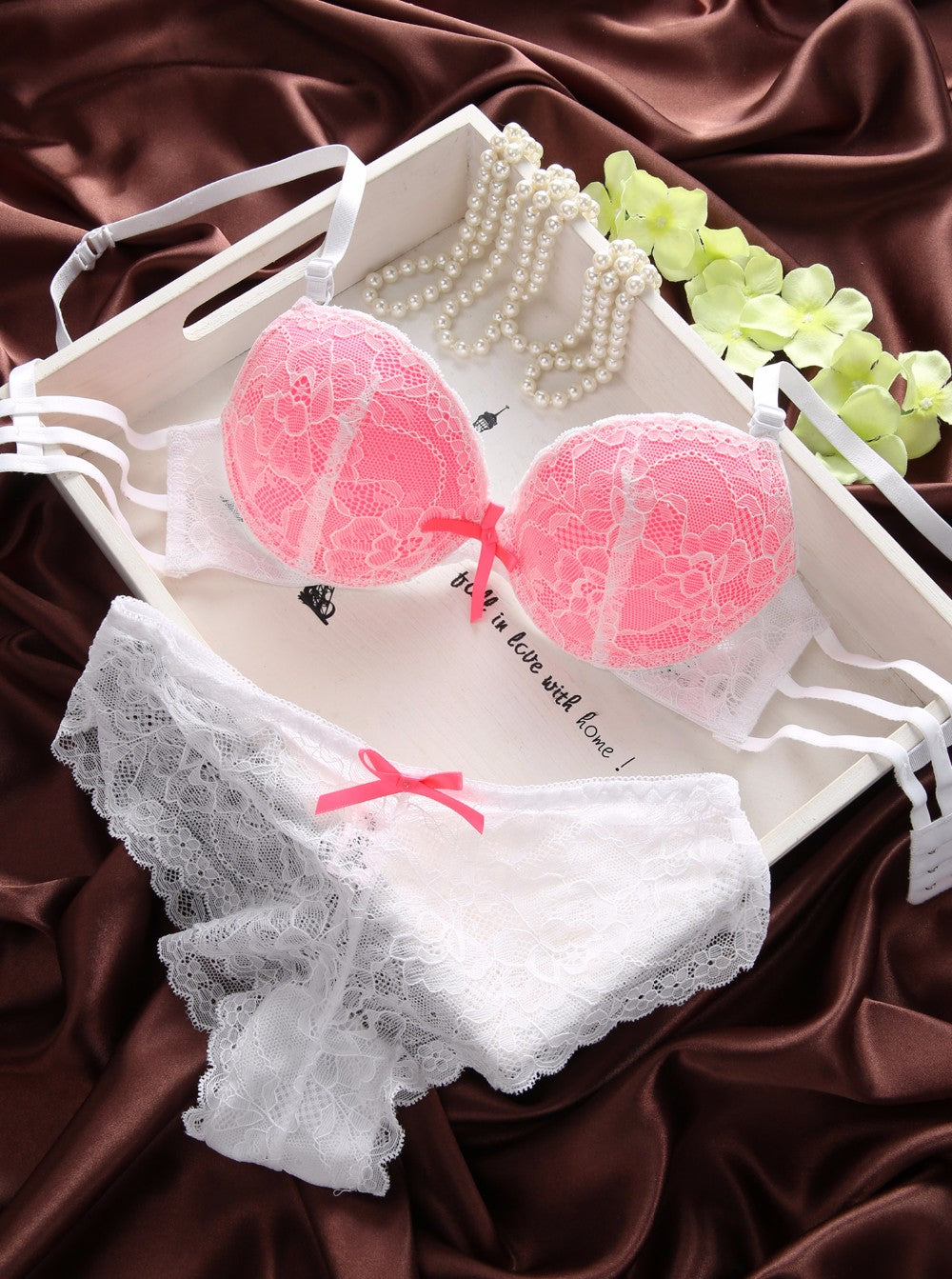 Cute Lace Embroidery Push Up Bra & Panty set-8805