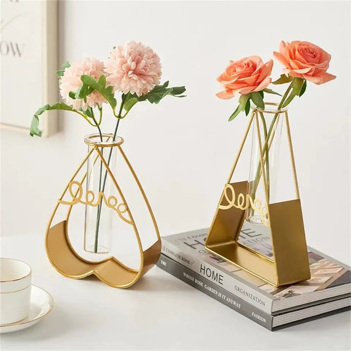 GLASS METAL FRAME STAND FLOWER VASE FOR OFFICE HOME DECORATION