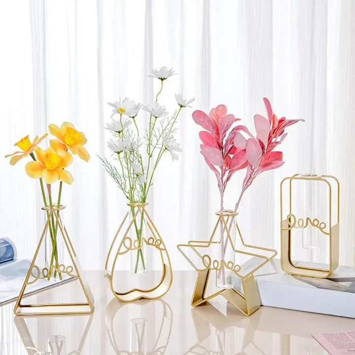 GLASS METAL FRAME STAND FLOWER VASE FOR OFFICE HOME DECORATION