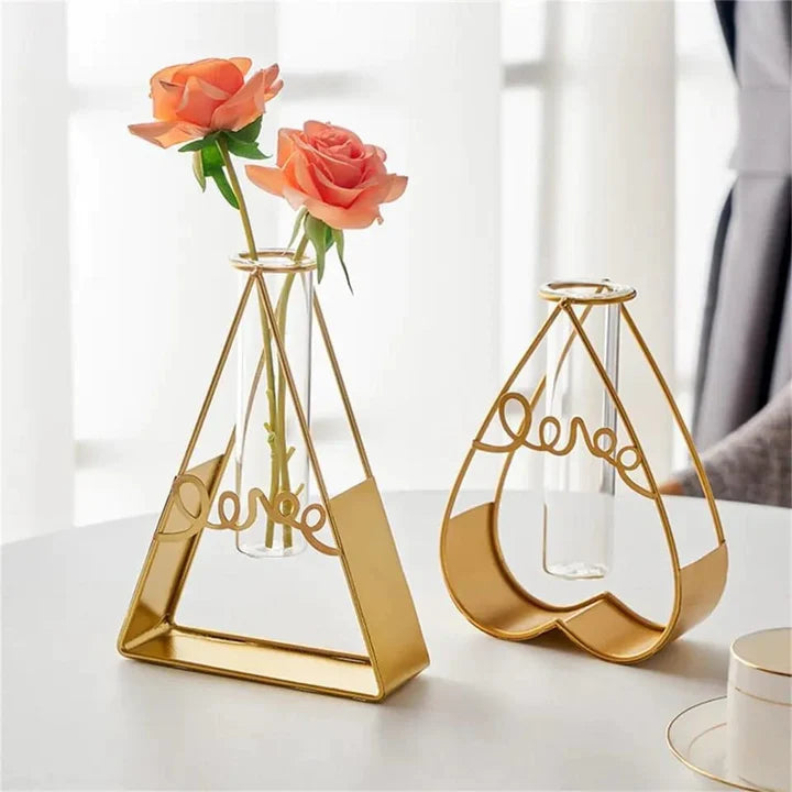 GLASS METAL FRAME STAND FLOWER VASE FOR OFFICE HOME DECORATION