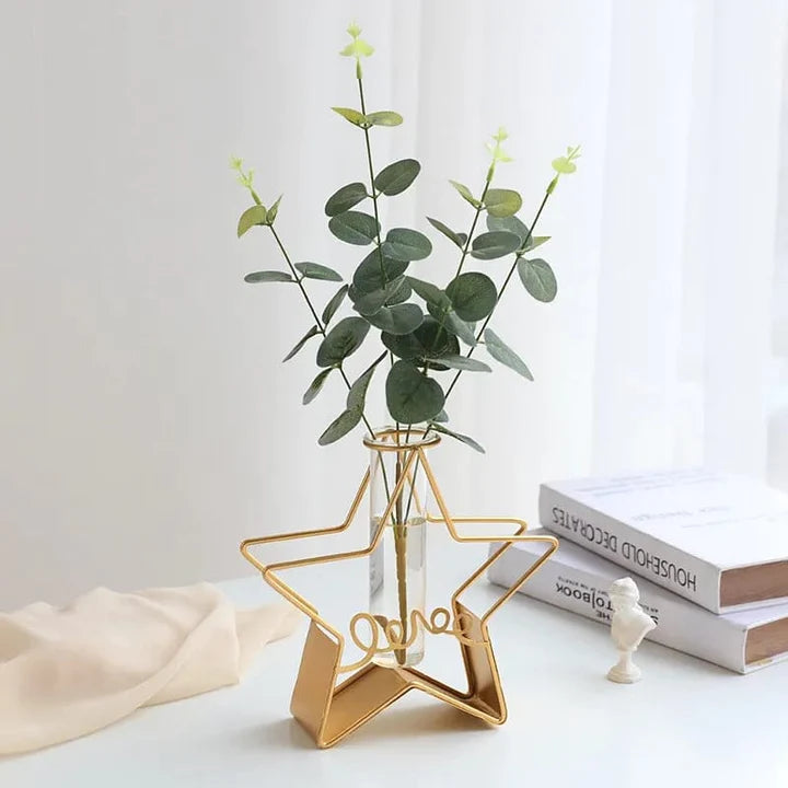 GLASS METAL FRAME STAND FLOWER VASE FOR OFFICE HOME DECORATION