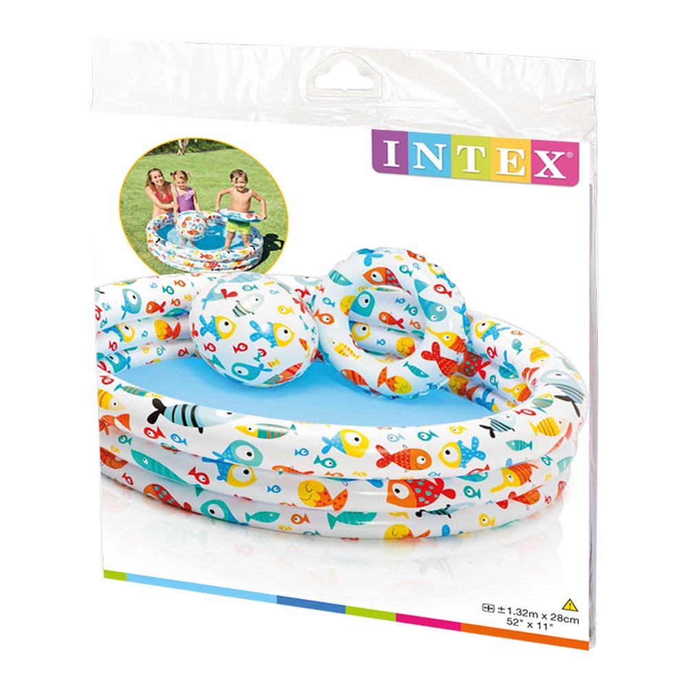 INTEX Fish Printed Pool With Beach Ball & Ring For Kids 4.5ft in x 1ft