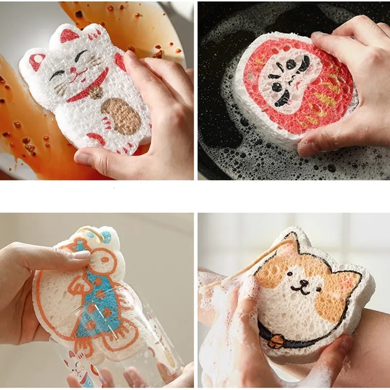 4 PIECES CARTOON WOOD PULP CLEANING SPONGE