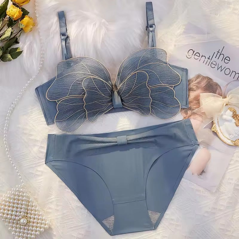 High Quality Cute Butterfly Embroidered Adjustable Straps Full Back Support Bra & Panty Set 8806