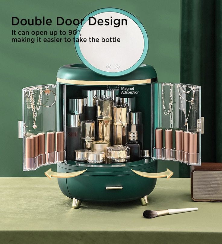 DUAL DOOR COSMETIC ORGANIZER WITH LED MIRROR