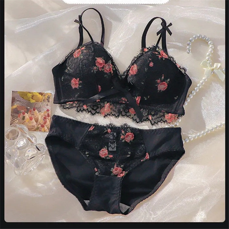 Cute Lace Flower Embroided Adjustable Straps Push Up Bridal Padded Bra and panty 017